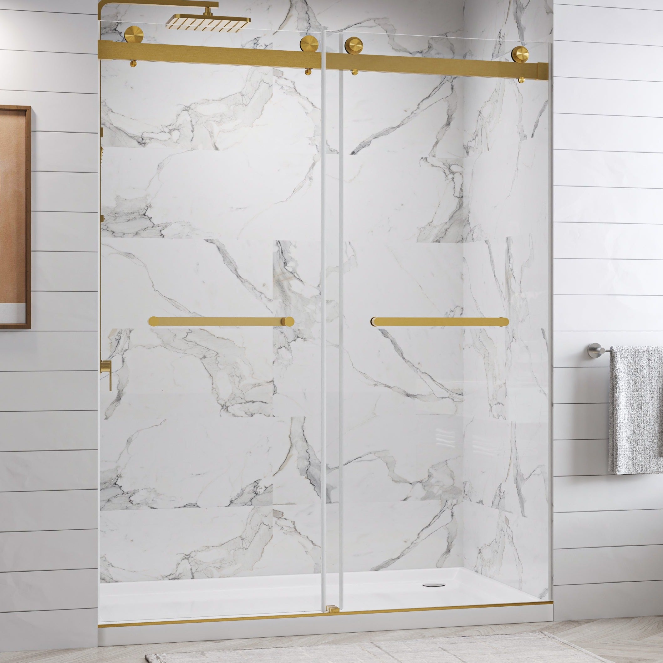 Puerta de ducha corrediza doble sin marco de cierre suave Catalyst-Plus con vidrio templado transparente de 3/8"