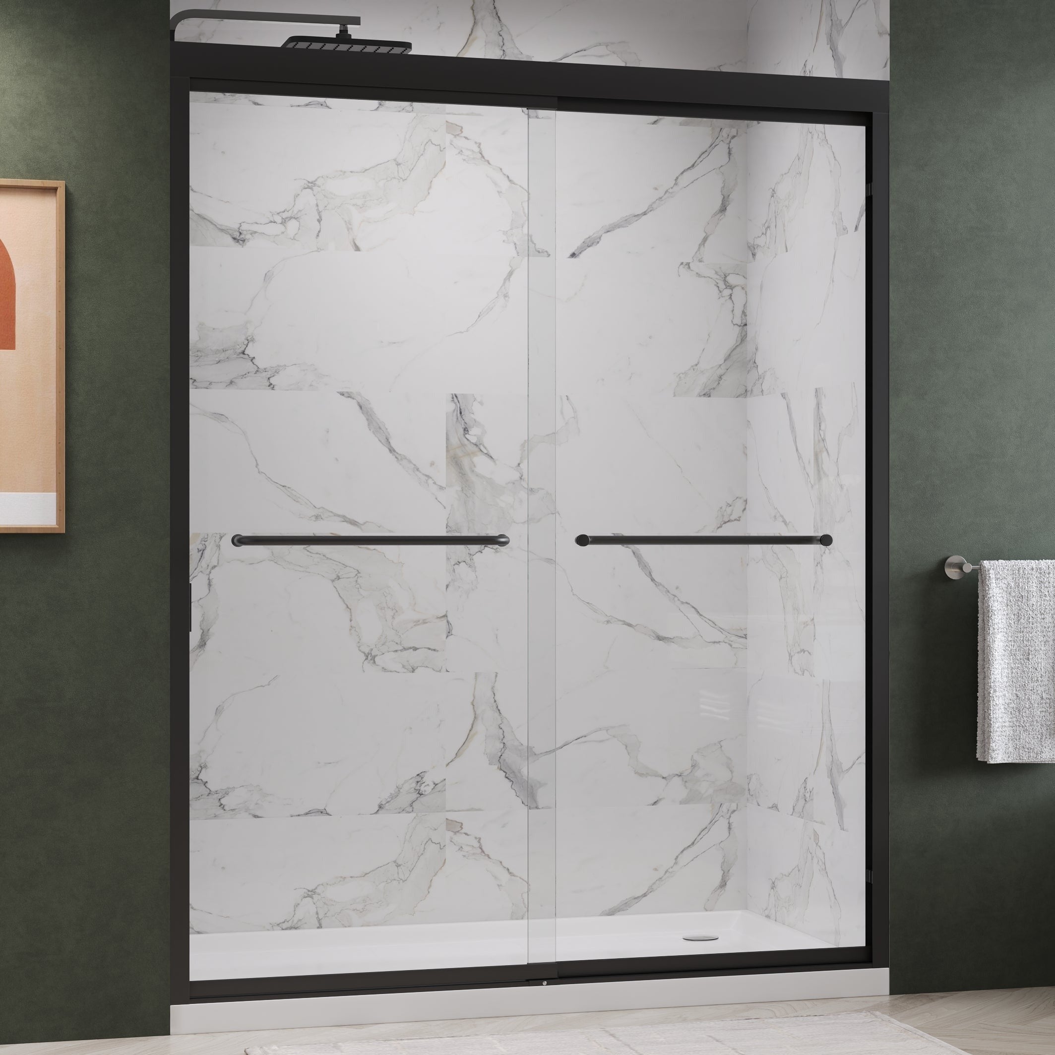 Puerta de ducha corrediza doble con marco Fusion y vidrio templado transparente de 5/16"